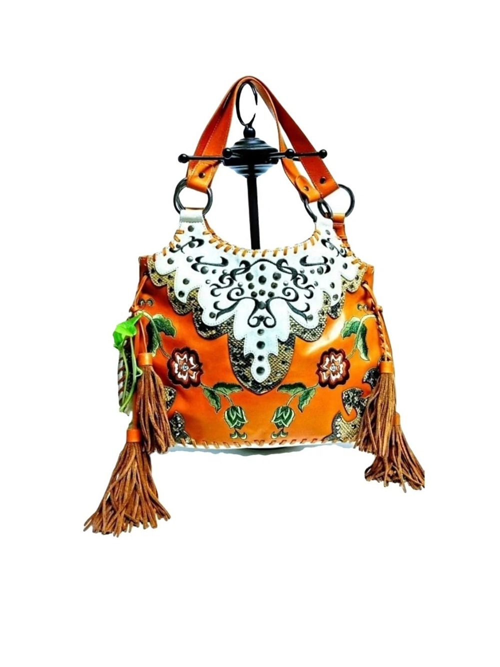 Embroidered Orange Floral Tassel Shoulder Bag